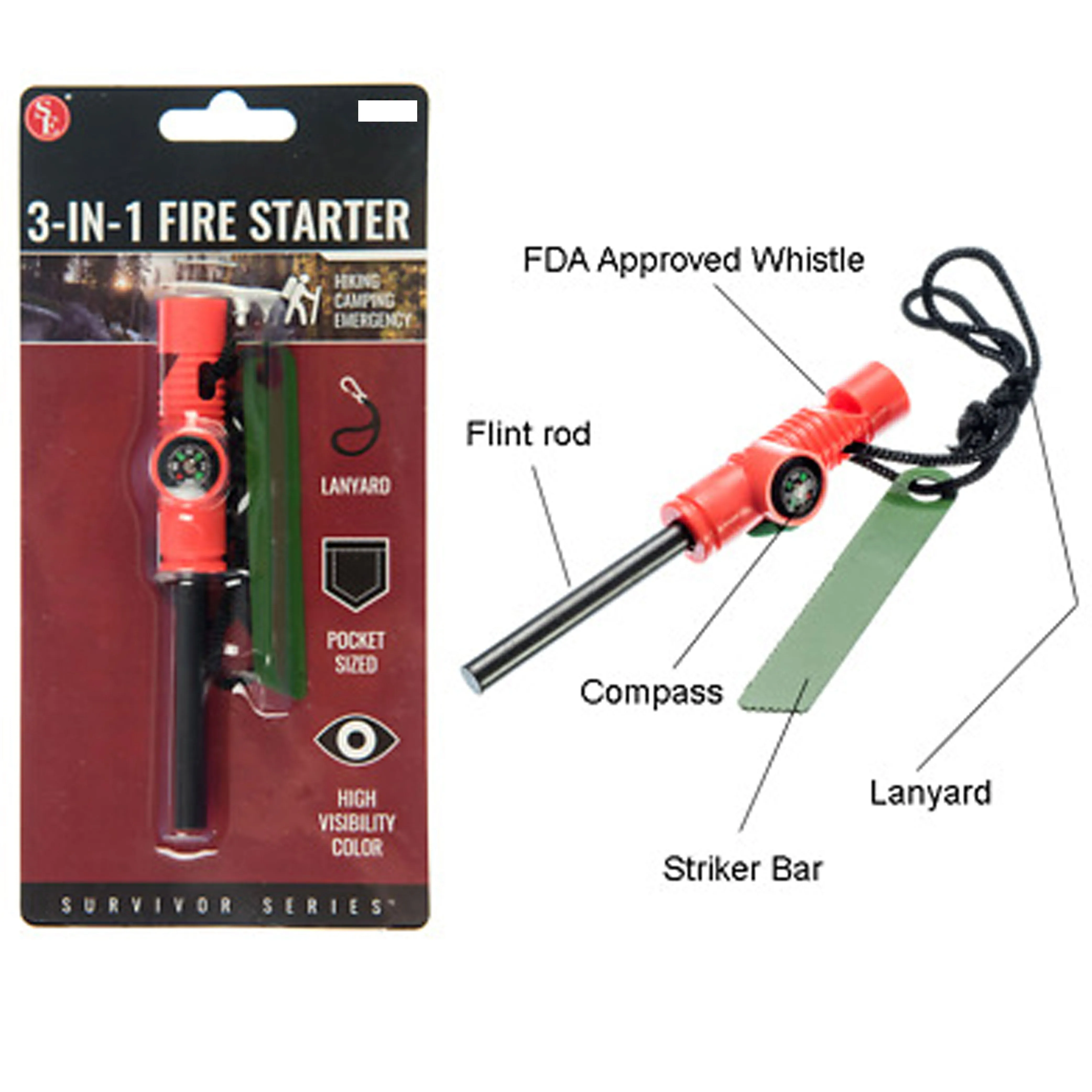 2 Pk Fire Starter Multi-Function Survival Tool Whistle Flint Rod Striker Hiking