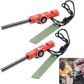 2 Pk Fire Starter Multi-Function Survival Tool Whistle Flint Rod Striker Hiking