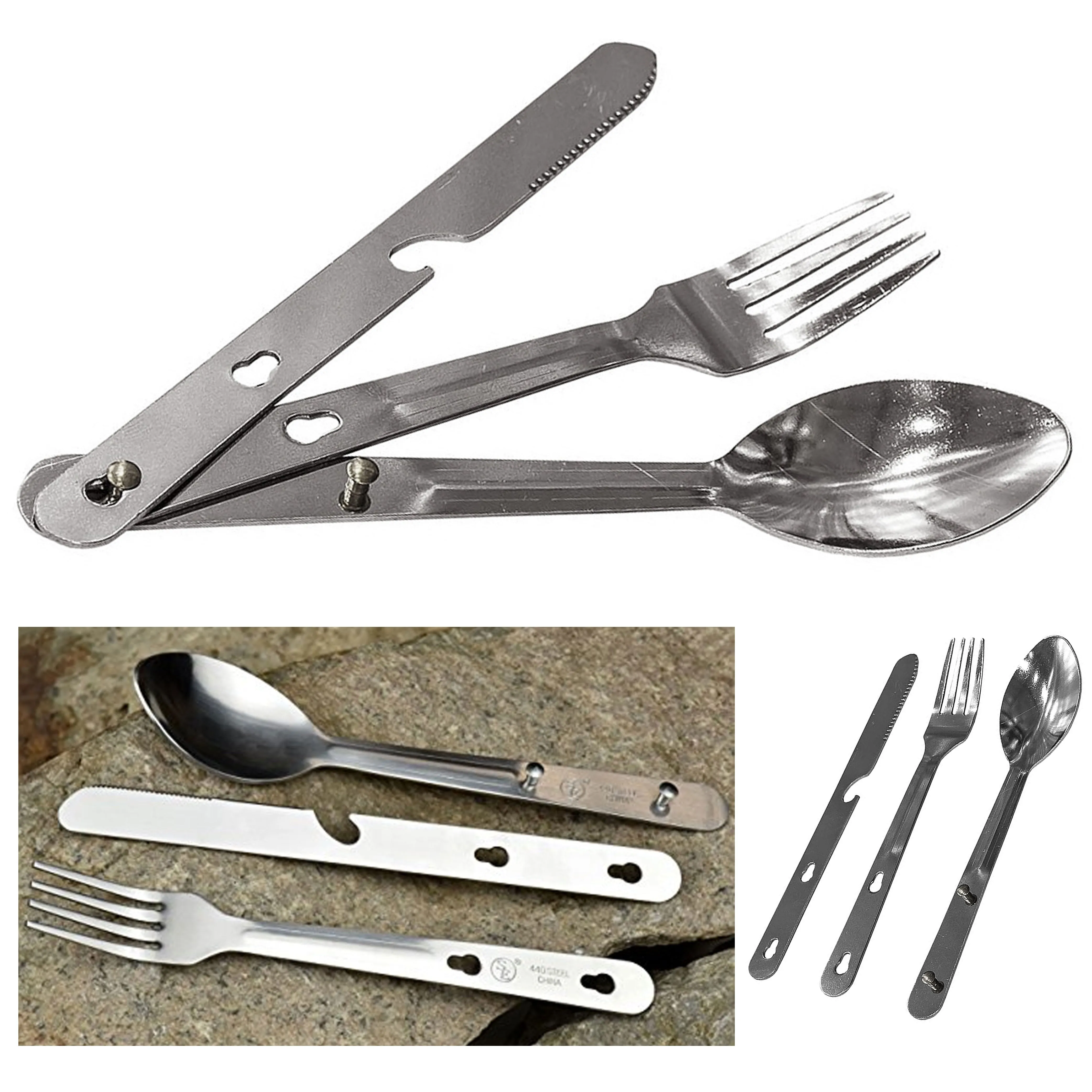 2 Sets 4 in 1 Eating Utensils Stainless Steel Camp Hiking Fork Knife Can Opener