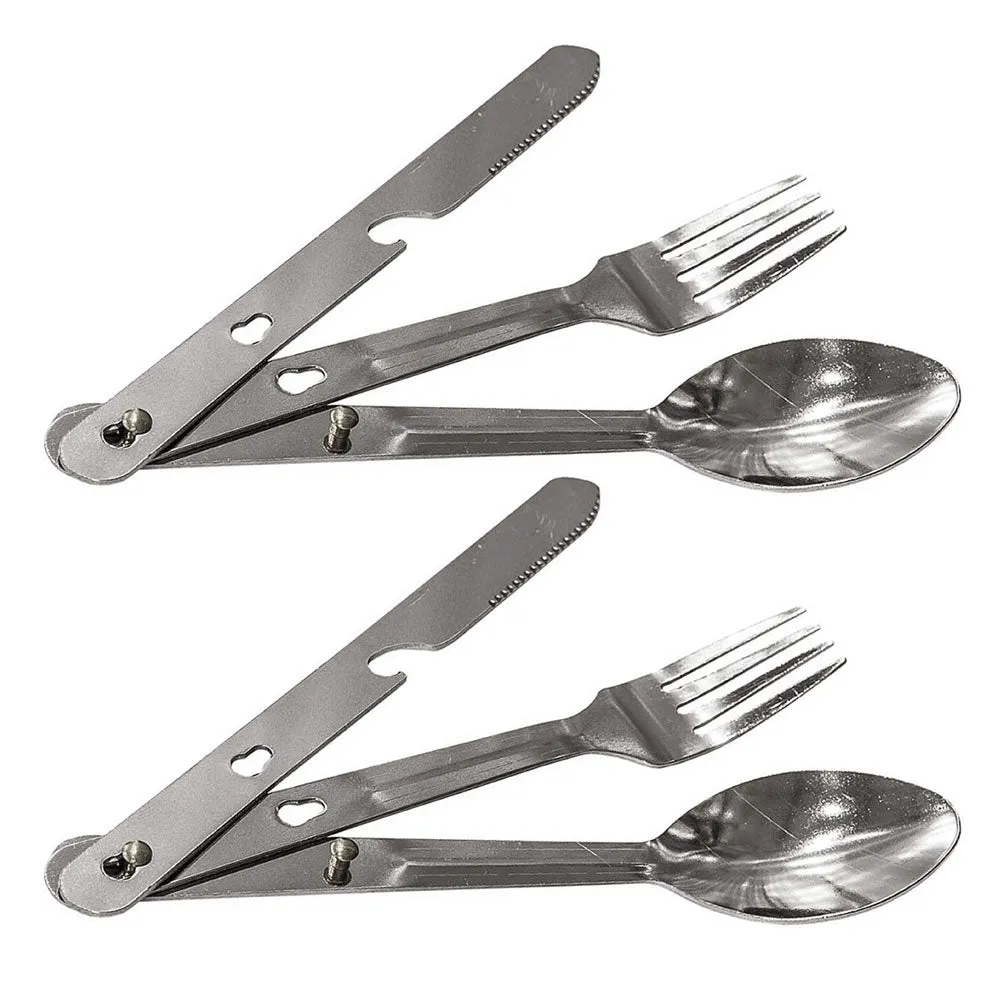 2 Sets Camping Cutlery 3 in 1 Eating Utensils Fork Knife Spoon Stainless Steel