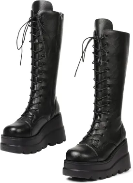 CELNEPHO Womens High Platform Mid Calf Wedges Chunky High Heel Round-Toe Side Zip Punk Combat Boots For Women