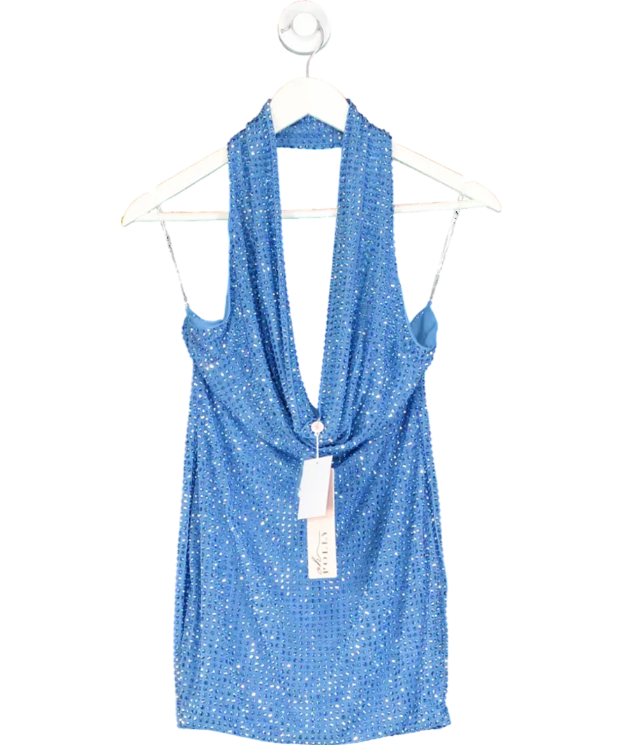 Oh Polly Blue Extreme Embellished Cowl Neck Mini Dress UK 6