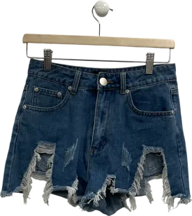 PrettyLittleThing Blue Mid Wash Extreme Thigh Rip Denim Shorts UK 8