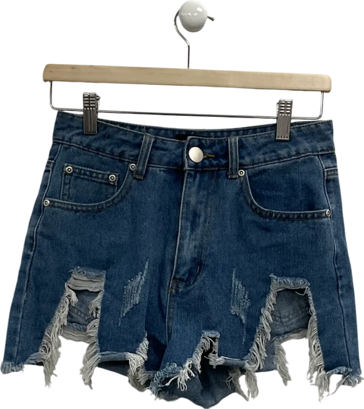 PrettyLittleThing Blue Mid Wash Extreme Thigh Rip Denim Shorts UK 8