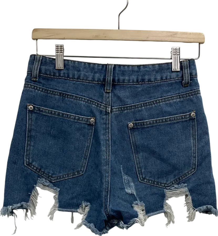 PrettyLittleThing Blue Mid Wash Extreme Thigh Rip Denim Shorts UK 8