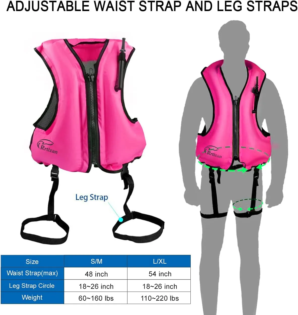 Rrtizan Inflatable Snorkel Vest for Adult, Travel Snorkeling Vest for Swimming, Snorkeling, Paddleboarding, Swim Vest Adult Suitable for 90-220lbs